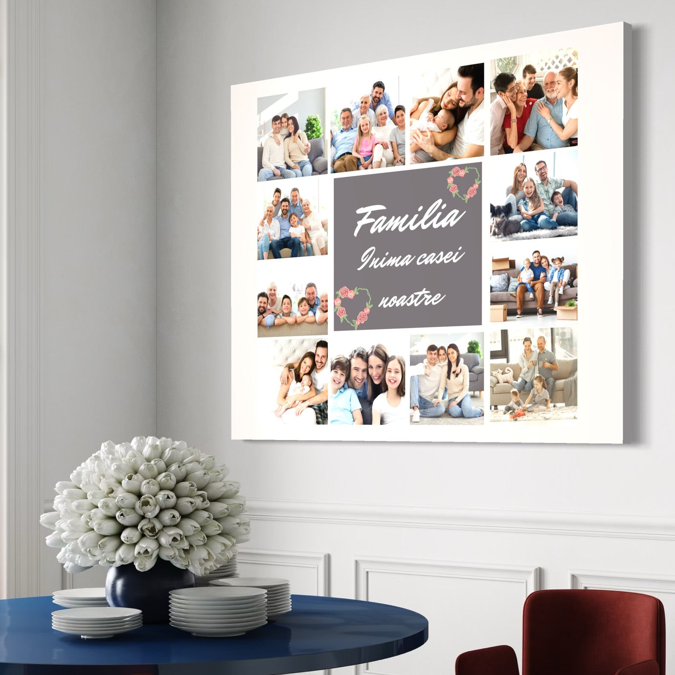 Tablou canvas cu colaj foto familie pe perete